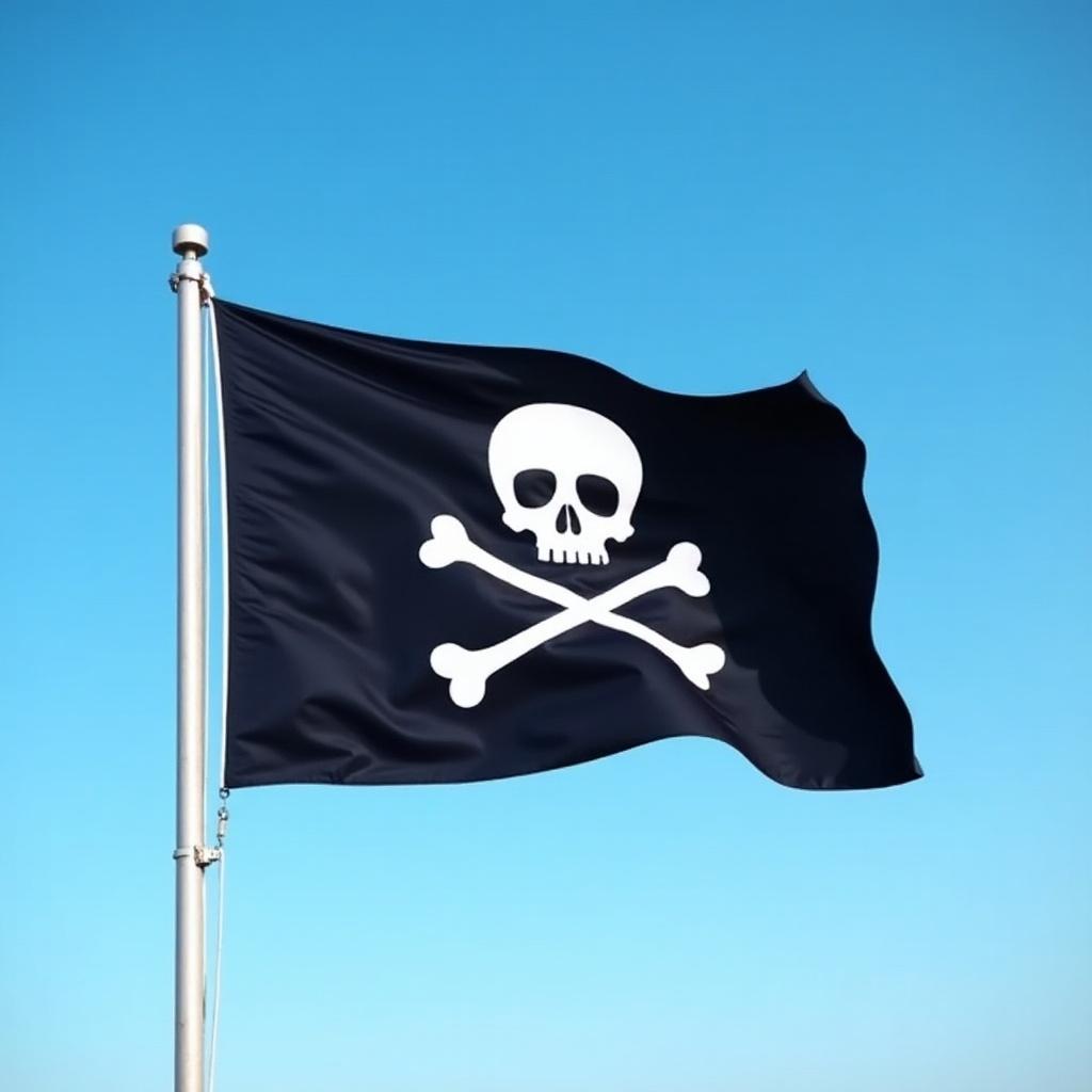 The image features a pirate flag prominently displayed against a bright blue sky. The flag is black, adorned with a bold white skull and crossbones symbol, commonly associated with piracy. It is waving gracefully in the wind, highlighting the striking contrast between the dark flag and the vibrant background. This iconic design evokes themes of adventure, rebellion, and maritime history. The image captures the essence of pirate lore, making it a great visual representation for related topics.