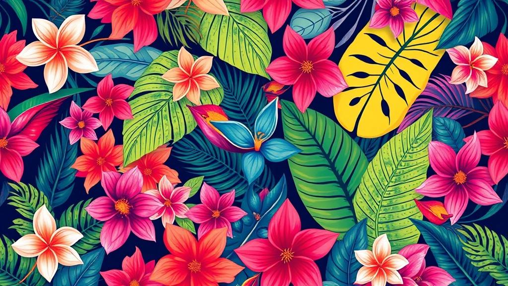 This vibrant illustration features an array of vividly colored tropical flowers and leaves, creating a lush and lively composition. The floral arrangement is dominated by bold hues of red, pink, and yellow against a backdrop of green foliage and a dark background that enhances the colors' intensity. The interplay of different shapes and colors contributes to a festive and exotic ambiance, evoking the atmosphere of a tropical paradise.