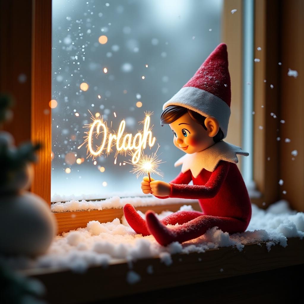 Elf on the shelf girl sits on a window ledge. She plays with a sparkler. Sparkler writes the name 'Orlagh.' Snow falls outside creating a winter scene. Ledge adorned with soft snow. Elf wears a red and white outfit. Scene is warm and inviting for the holidays.