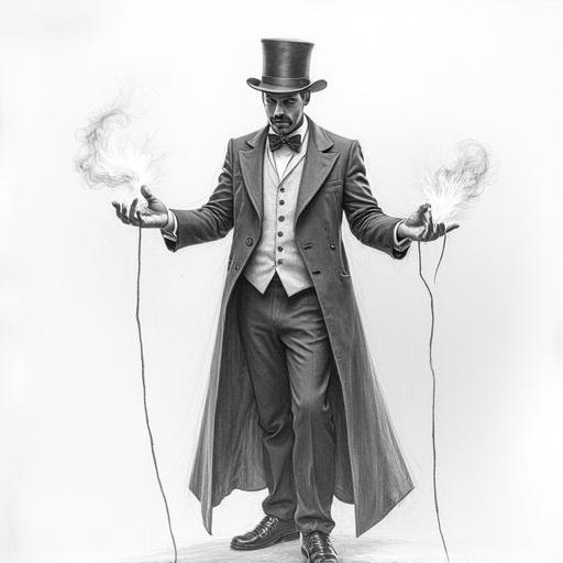 A magician performing a trick with smoke in both hands. Pencil sketch style emphasizes the details of the costume and magical elements. The magician wears a top hat and long coat. The hands demonstrate the conjuring of magic.