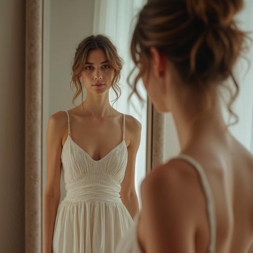 Woman stands before a full-length mirror wearing a new dress. Soft fabric drapes on her frame. She faces her reflection with calm eyes. Hands rest lightly by her sides. She stares at her body, feeling a mix of emotions. A glimmer of satisfaction appears in her gaze.