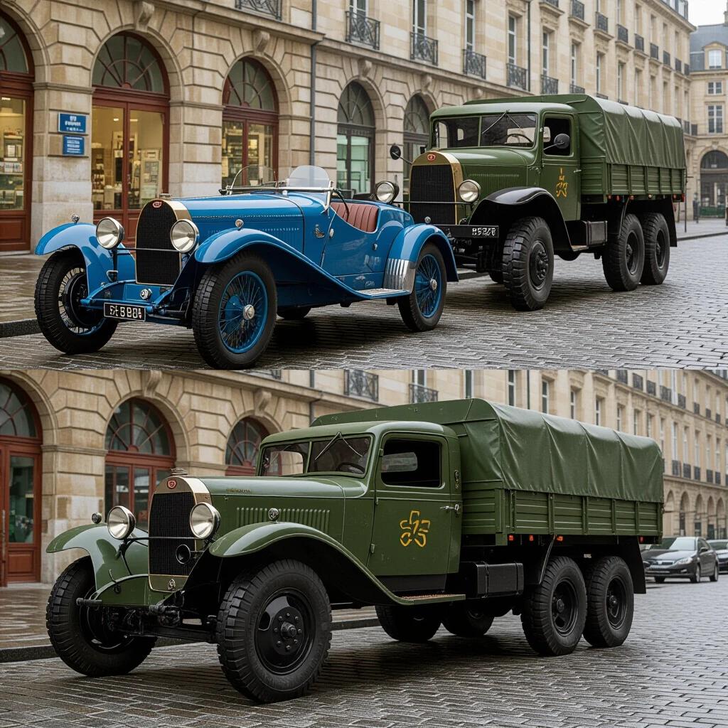Photorealistic scene set in Waterloo 2025. Rain-slicked cobblestones reflect lights. On left is a pristine 1924 Bugatti Type 35 in French Racing Blue. Car has chrome wire wheels and leather straps. Engine idles, steam plume rising. On right is a Soviet 6x6 military truck with colossal wheels. The truck shows heavy rust and peeling green paint. Its headlights are on, casting beams of light. Scene captured from a low-angle perspective highlighting size. Includes context of Waterloo street sign and holographic ads in puddles. Post-rain mist enhances atmosphere at twilight.