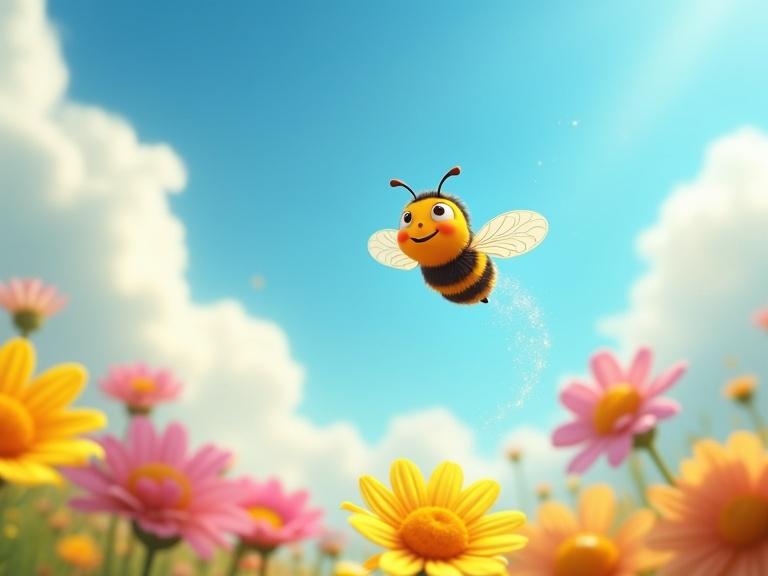 Cheerful yellow-and-black bee flying in bright blue sky. Fluffy white clouds in background. Colorful flowers below swaying gently in breeze. Flowers appear to smile at bee. Bee hovering over flowers with rapid wing flapping. Trail of golden sparkles following.