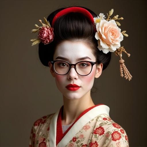 Portrait of a woman dressed as a geisha with glasses. She has brown hair styled traditionally with flowers. Makeup features red and white. Full body attire reflects cultural heritage.