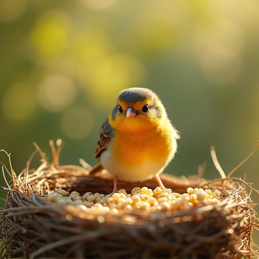 A cute little bird in its nest over time eats grains and moves quickly on a sunny day in photorealistic style.