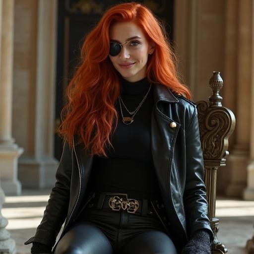 A young woman with long wavy red hair wears a black leather jacket and tight black turtle-necked shirt. She pairs it with tight black leather pants and high-heeled boots. Accessories include black gloves, a necklace, and a skull buckle belt. She sits on a stone chair inside a grand palace with pillars.