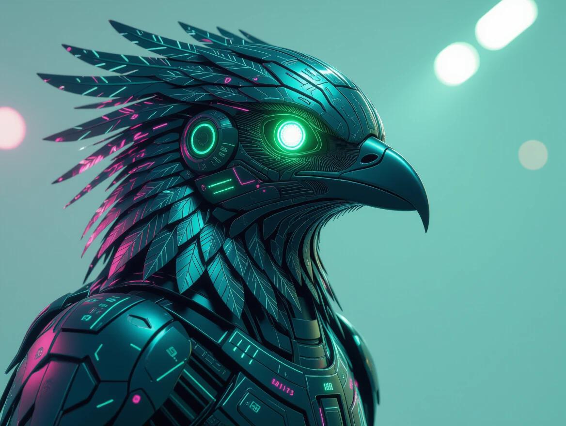 High quality cinematic portrait of a cybernetic bird. Avian mecha design features glowing neon circuitry. Optical eye emits luminous emerald green glow. Includes magenta digital overlays. Sleek metallic feathers of the bird. Captured in a deep teal studio background. Effects of volumetric spotlight enhance the visuals. Ultra-detailed textures showcase realism. Synthetic lens glare adds depth to the image. Shot with an 85mm lens in sharp focus under studio lighting. Captures a futuristic atmosphere inspired by sci-fi concept art.