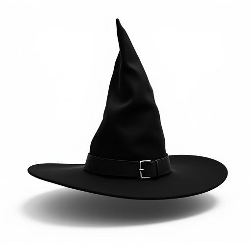An elegant witch hat appears in a side profile view. The hat features a deep black color with subtle charcoal grey for depth. It has a clean silhouette with a subtle decorative band and a small buckle. The hat is isolated against a white background with dramatic backlighting creating a mysterious atmosphere. The edges are crisp and there are no intricate internal details or patterns.