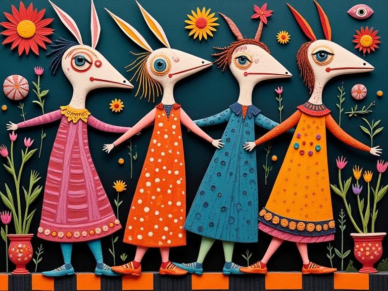 Three elongated abstract creatures dance in a conga line. They wear naive folk art attire. The background features vibrant flowers and eye motifs. The scene dissolves into fractals in a surreal environment. 3D textured elements add depth. A checkerboard background with striped patterns enhances the playful aesthetic. It includes a color palette of purples oranges and blacks. The artwork is inspired by artists like Alex Grey and Martina Hoffmann. It features stained glass textures and high contrast details.