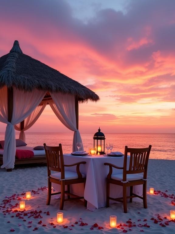 A romantic beach dinner setup at sunset. A dining table for two with a white tablecloth, plates, and glassware. A glowing lantern is placed at the center. Two wooden armchairs are positioned across from each other. The setup is on white sand decorated with rose petals and tea light candles. A rustic cabana with a thatched roof is on the left, containing a daybed that has flowing white curtains. The sunset sky is filled with pink, purple, orange, and blue shades reflecting in the ocean. The whole scene has a romantic and dreamlike essence.