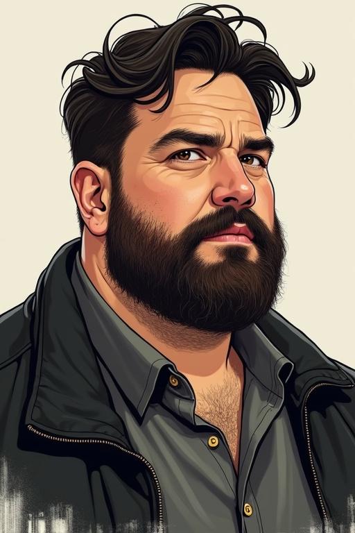 Character drawing of a man in his forties. Dark hair with a short unkempt beard. Chubby physique. Dressed casually in a gray shirt and jacket. Standing against a neutral background. Reflects modernity and casual lifestyle.
