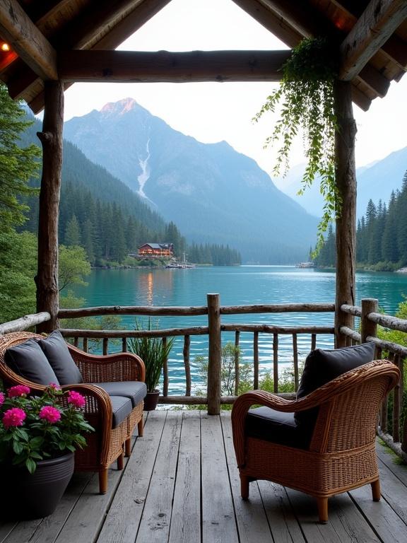 Lakeside patio scene with wicker chairs and sofa. Mountain backdrop with snow-capped peaks. Calm turquoise lake reflecting distant cabin lights. Green forests surround the lake. Warm lighting enhances rustic atmosphere.