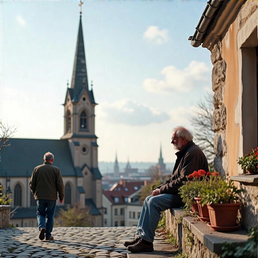 A man sits on a ledge with potted plants. Another man walks past a church steeple. The scene captures a cobblestone path.