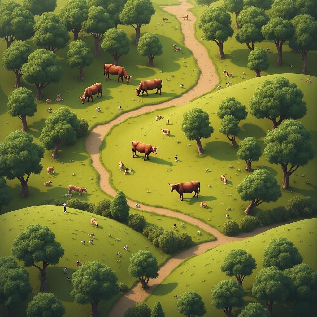 Top view game map featuring Asturias landscape with cows and eucalyptus trees. Green hills and winding river visible. Natural and peaceful environment.