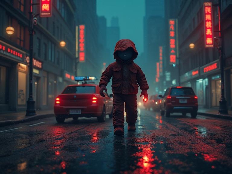 A figure in red walking down a reflective wet street surrounded by neon city lights. Urban setting creates a moody atmosphere.