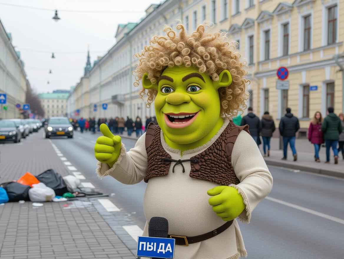 Shrek with curly wavy blonde-afro hair conducts a news report on a St. Petersburg street. He points to a dirty pothole while holding a microphone. Trash lies in the pothole. The microphone displays the text 'ПNВДА'.