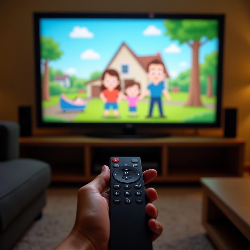 Person holds remote control. Animated family scene displayed on TV in the background. Cozy living room atmosphere.