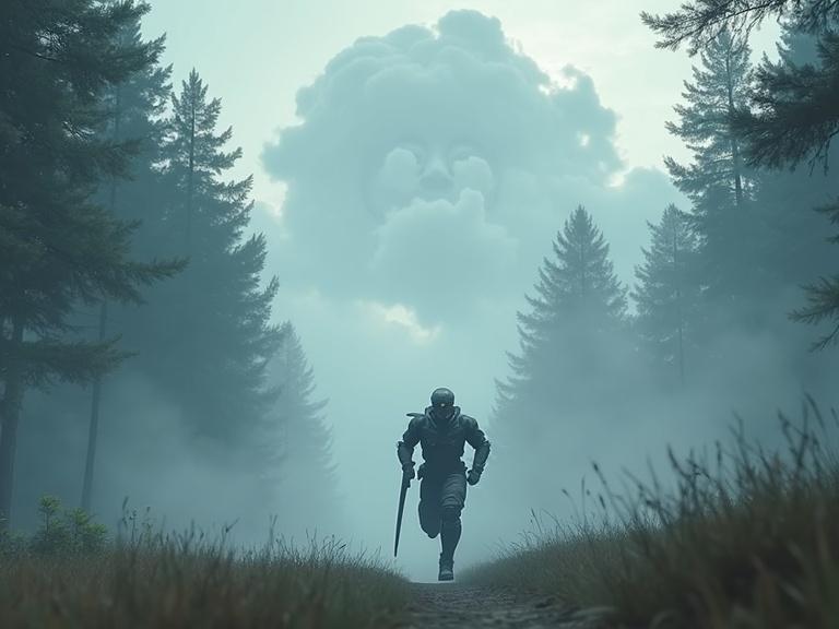 Running figure in a forest with smoke. A character drawn in a sci-fi style holds a blade. Above, clouds form a face in the sky.
