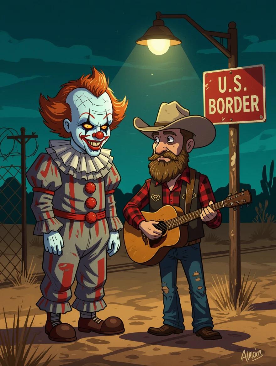 Dark and gritty cartoon-style digital illustration. Sinister clown with pale cracked makeup and glowing red eyes. Dirty ruffled costume and exaggerated smile on the left. Rugged country singer with full beard and wide-brimmed cowboy hat on the right. Singer in dark vest and red flannel shirt holding an old acoustic guitar. Conversing under flickering streetlamp beside weathered U.S. Border sign. Background features barbed wire fencing and dry desert brush with a deep teal night sky. Harsh shadows and dramatic lighting cast across faces. Bold thick black outlines and gritty shading for a creepypasta horror cartoon aesthetic.