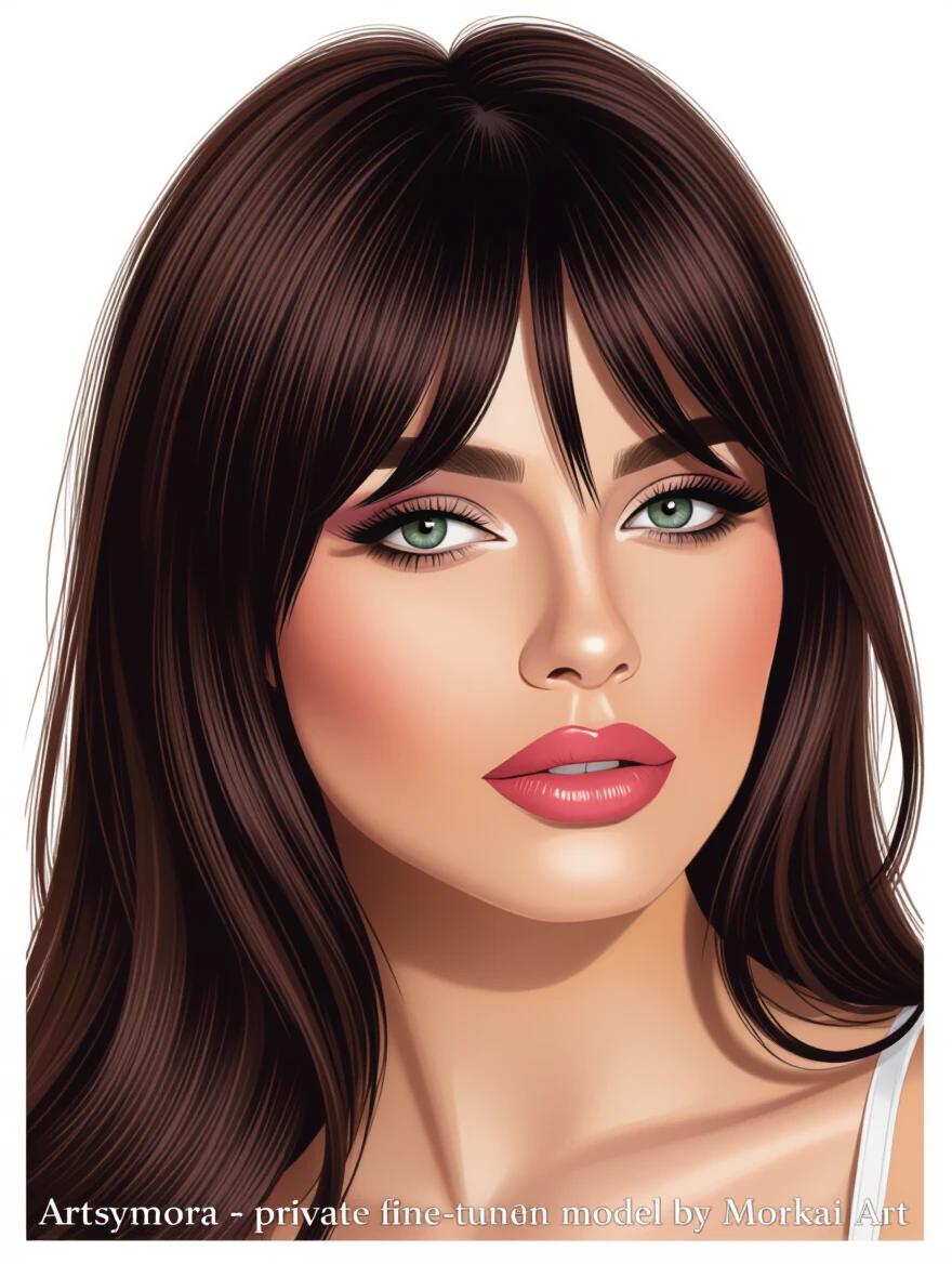 Detailed hair illustration. Beautiful long hair with bangs. Aesthetic and stylized face features. Modern beauty representation. Fine art model depiction.