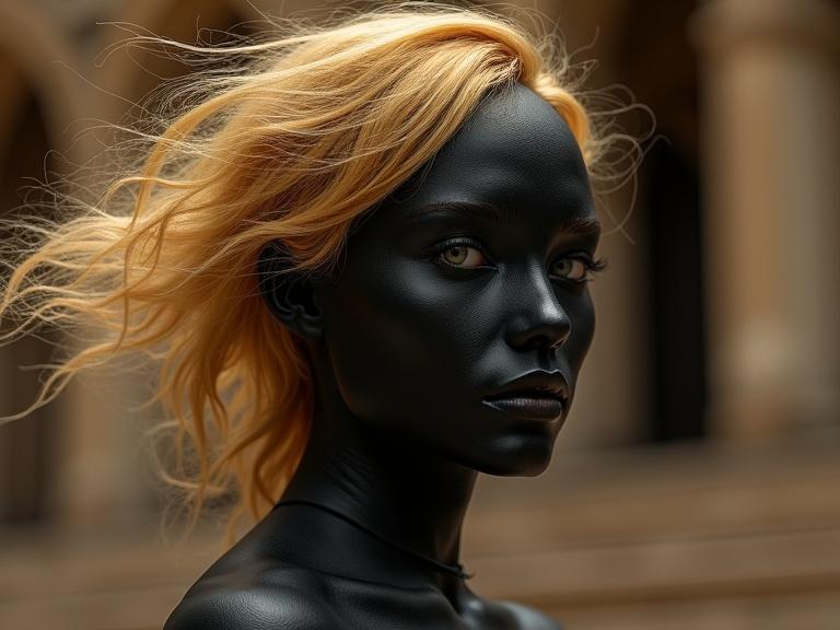 Model with a matte black mask and flowing gold hair. Architectural elements form the background. Colors include brown and gold tones.