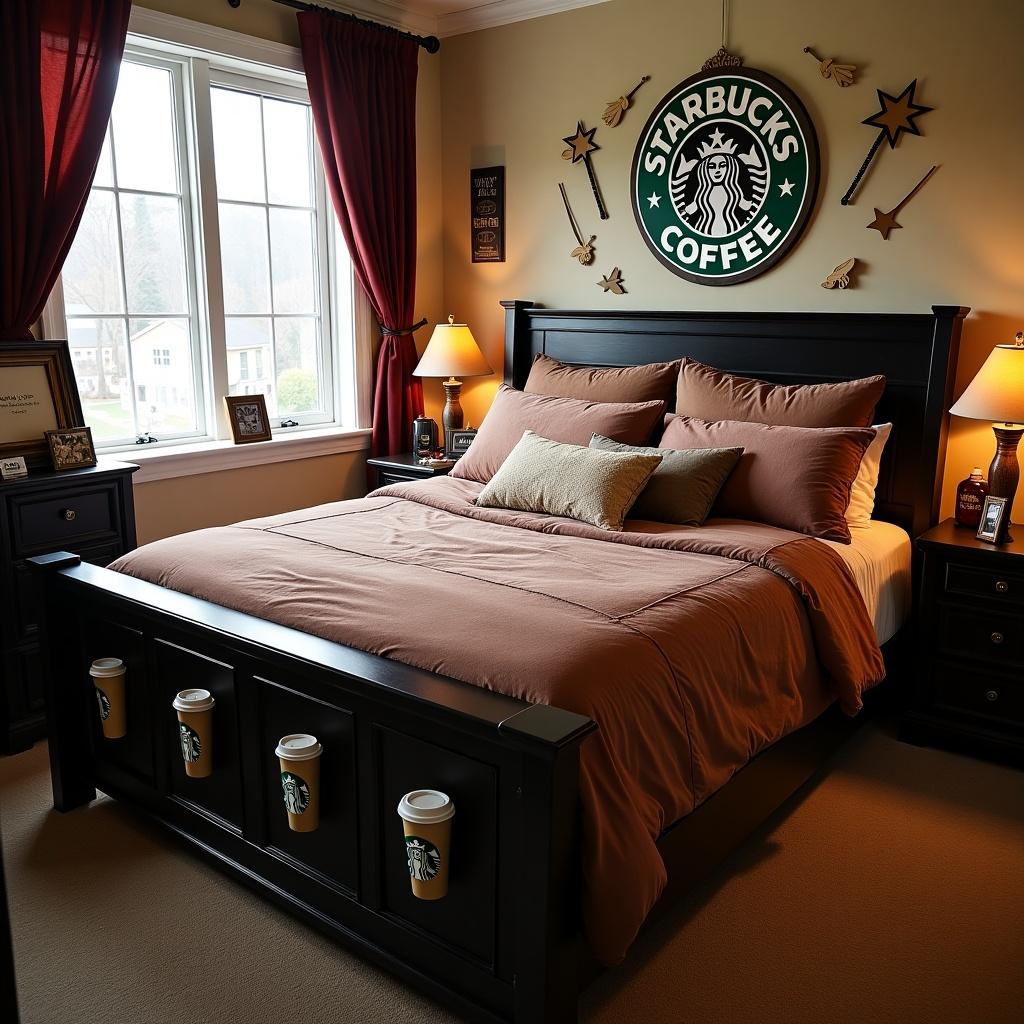 A themed bedroom featuring a custom bedding set that combines Harry Potter and Starbucks elements. The decor includes a large Starbucks sign and subtle magical touches.