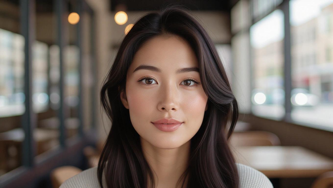 Casual phone photo of woman with natural beauty. She has long, straight black hair. No noticeable makeup. Light blemishes visible on skin. Taken during the day outside restaurant. Background softly blurred. Expression is neutral and thoughtful. Looks like a spontaneous snapshot.