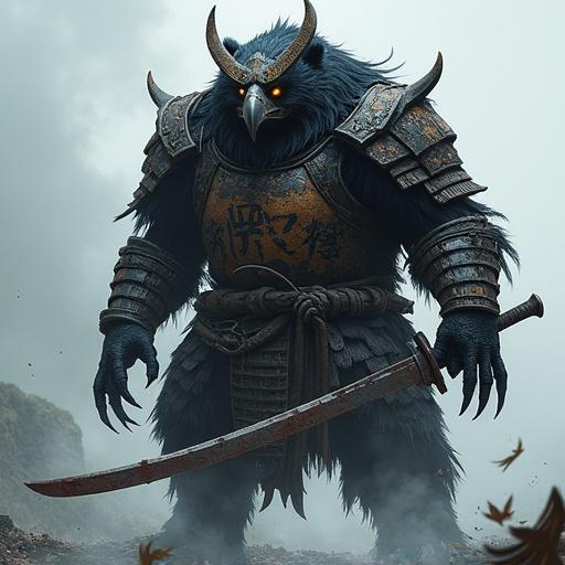 Dark fantasy warrior creature mixes crow and bear. Muscular and towering form with dark fur and feathered armor. Crow head with sharp beak and samurai helmet. Glowing eyes and tattered armor. Holds rusted katana in clawed hand. Mist surrounds feet in dramatic setting.