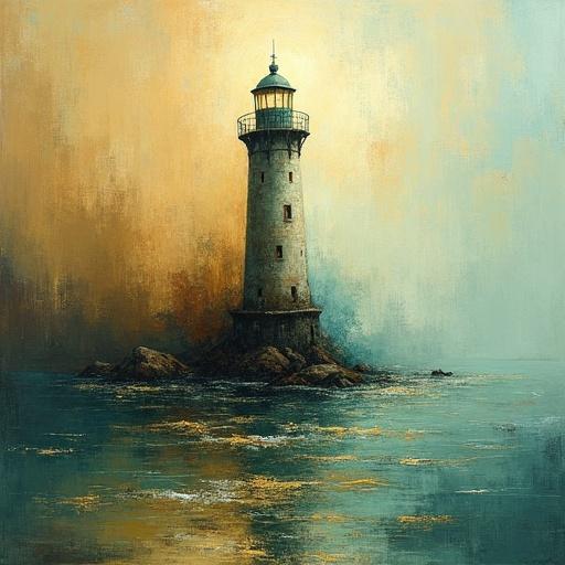 Ghostly abstract lighthouse surrounded by waves in shades of ochre and teal. Structure appears to merge with the landscape. Depiction emphasizes blurred lines between past and present. Oil painting featuring moody tones and fragmented forms.