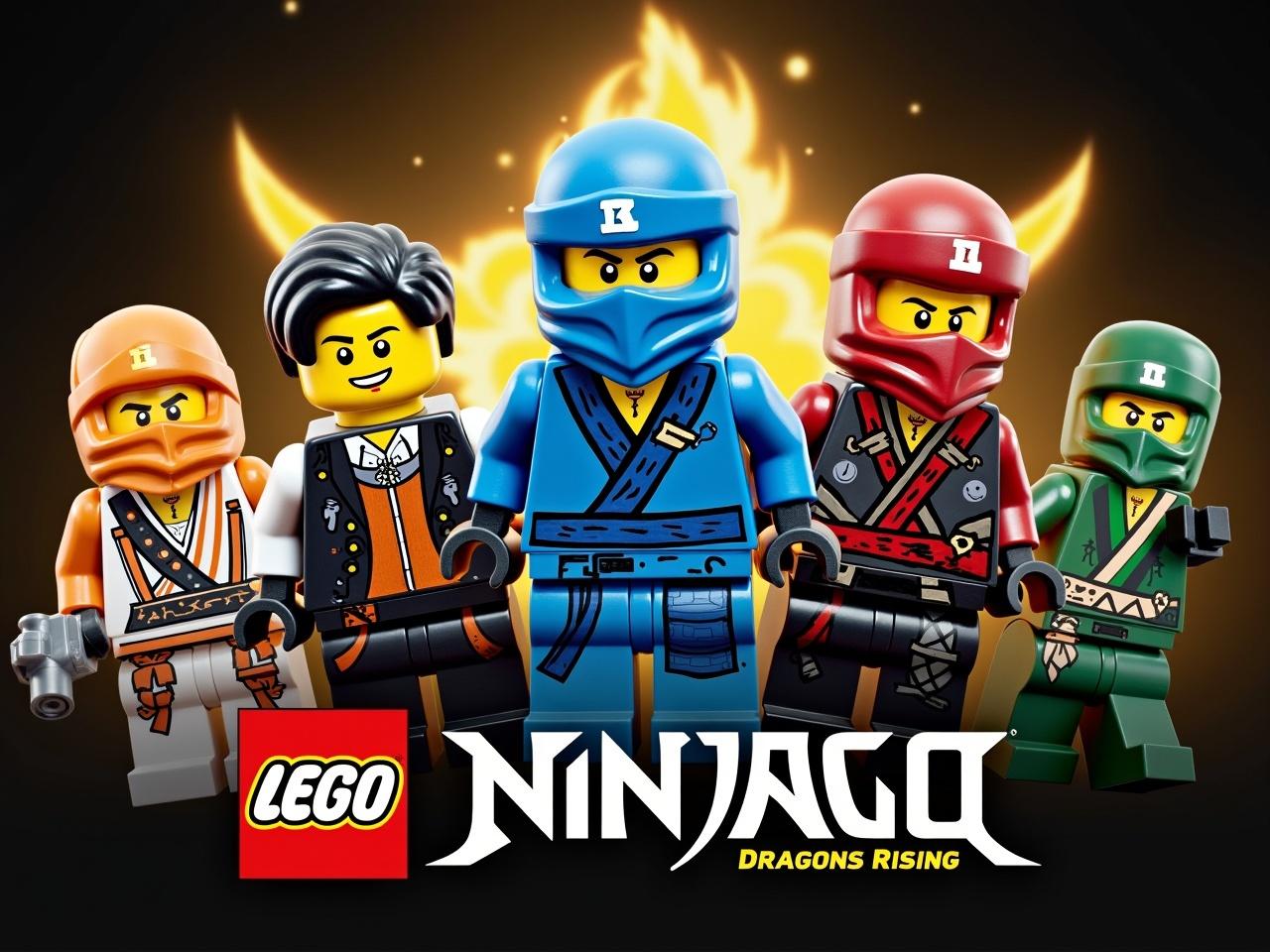 The image features a colorful arrangement of LEGO minifigures from the series LEGO Ninjago. Various characters are displayed prominently, showcasing diverse costumes and styles. Each character has unique features, including different weapons and colored outfits, reflecting their roles in the series. In the background, there is a mysterious glowing object, which adds an element of fantasy and adventure to the scene. The title 'LEGO Ninjago: Dragons Rising' is prominently featured at the bottom. Overall, the image captures the essence of action and teamwork associated with the Ninjago series.