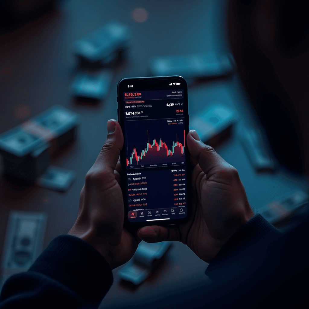 The image features a person holding a smartphone displaying a financial trading application. The phone screen shows a variety of financial data, including graphs and numbers, likely indicating stock or cryptocurrency prices. The background is blurred but contains stacks of cash, suggesting a setting focused on financial transactions or investment. The overall atmosphere is one of concentration and analysis, with an emphasis on digital trading and monetary gain.