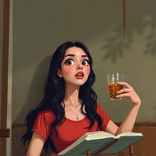 A woman holds a drink while reading a book in a cozy atmosphere. The scene conveys feelings of emotional disconnection. Warm lighting creates an inviting environment. The setting suggests a place of comfort and contemplation.