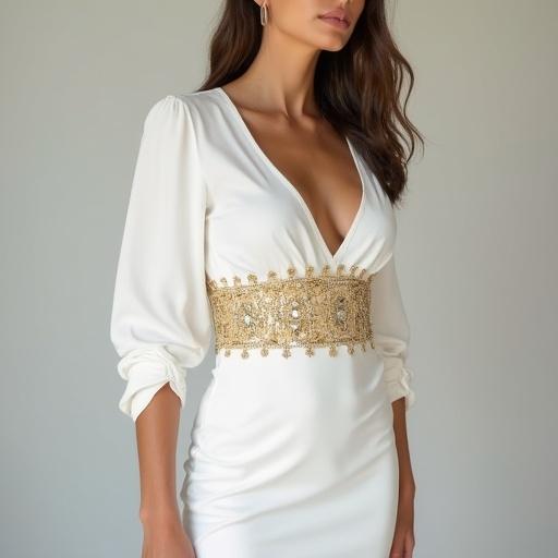A woman in an elegant white dress. The dress features gold embellishments at the waist. Soft and natural lighting highlights the features. Focus on the stylish design of the dress.
