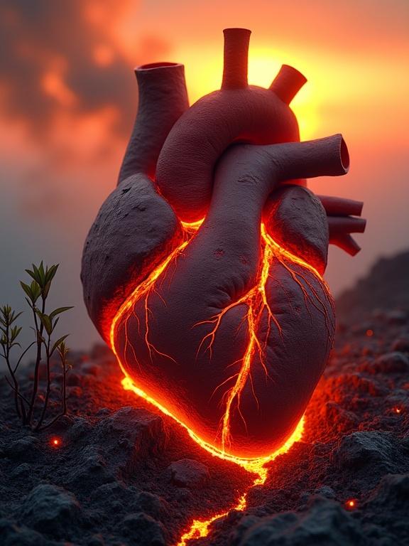 Creative portrayal of a human heart engulfed by a volcano. Lava flows through the arteries. Background includes ash clouds, burnt plants showing green sprouts, and a vivid orange sunset.