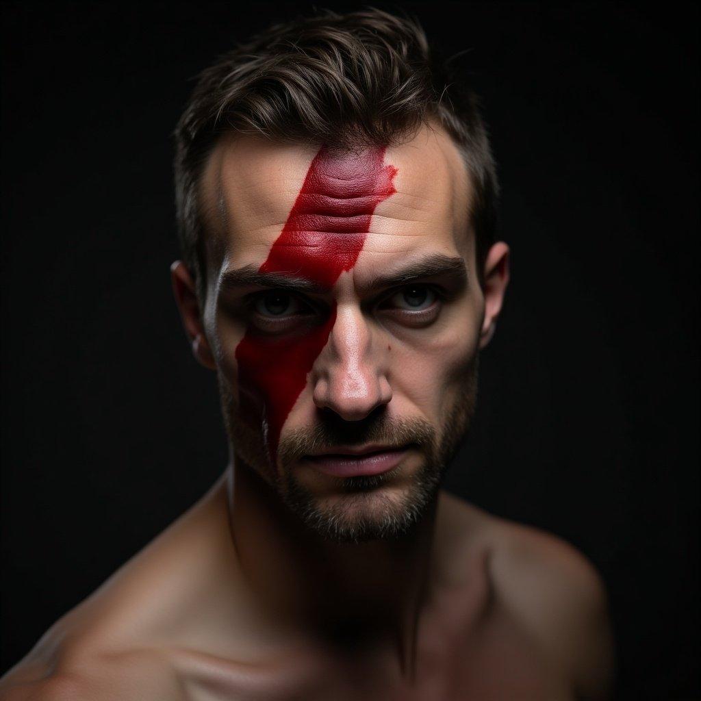 Image of an athletic male with a visible diagonal scar across his body. The lighting is dramatic with a focus on the scar and muscular physique. The background is dark to emphasize the subject's features.