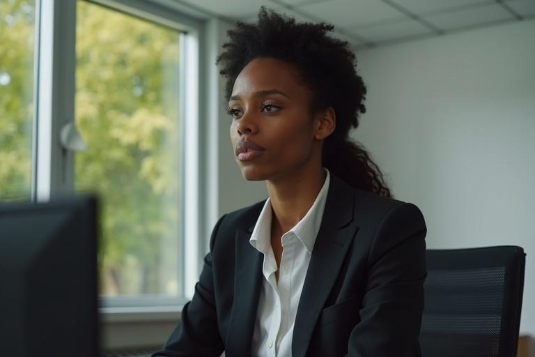 A woman wearing a black suit sitting in a modern office. She is facing away with an office desk in front of her. The background features large windows with trees outside. The scene is well lit and conveys a professional atmosphere.