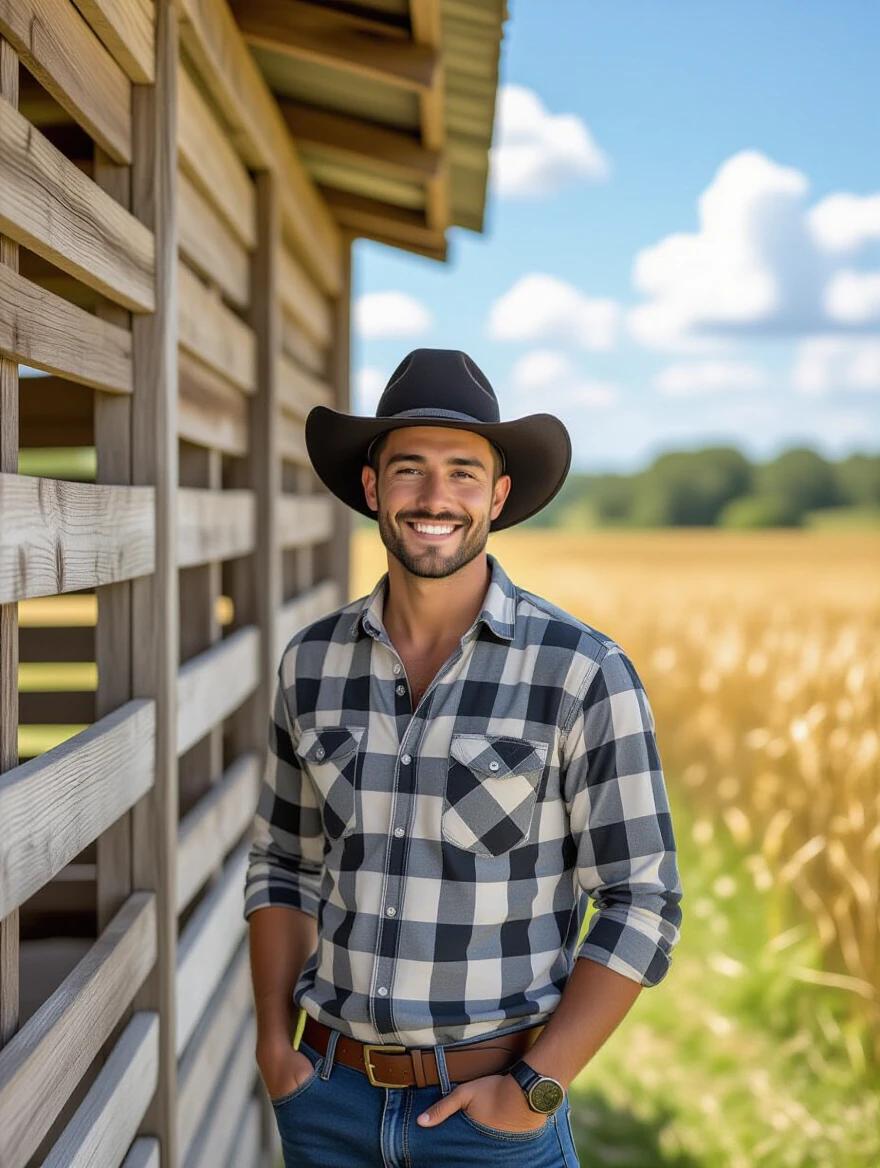 A young man aged 25 stands outside a barn. He has light brown skin and is wearing a black hat and a plaid shirt. The background features a farm field with golden crops.