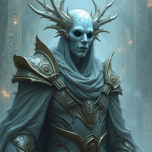 Close up of a towering emissary with a cracked porcelain mask glowing ethereally in blue. Massive bone pauldrons frame the head. Tattered ghost-grey fabrics ripple. Dagger-finger gauntlets are poised. Background has swirling fog and ancient sigils.