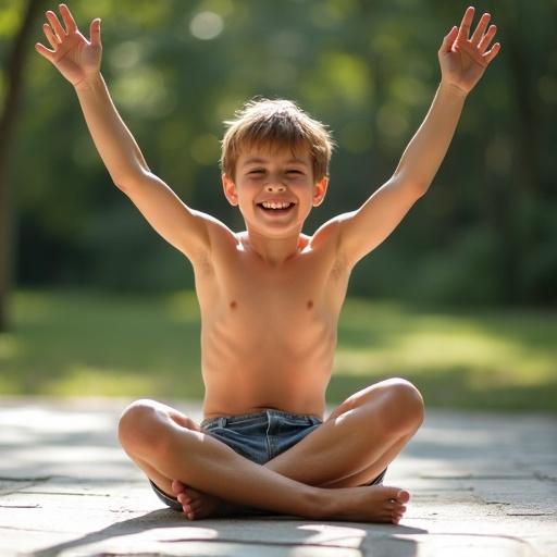 A boy sitting on the ground with arms raised in joy and a big smile. Natural light creates a cheerful atmosphere. He is shirtless and barefoot, showing a carefree attitude. The background is soft and blurred, creating a focus on the boy.