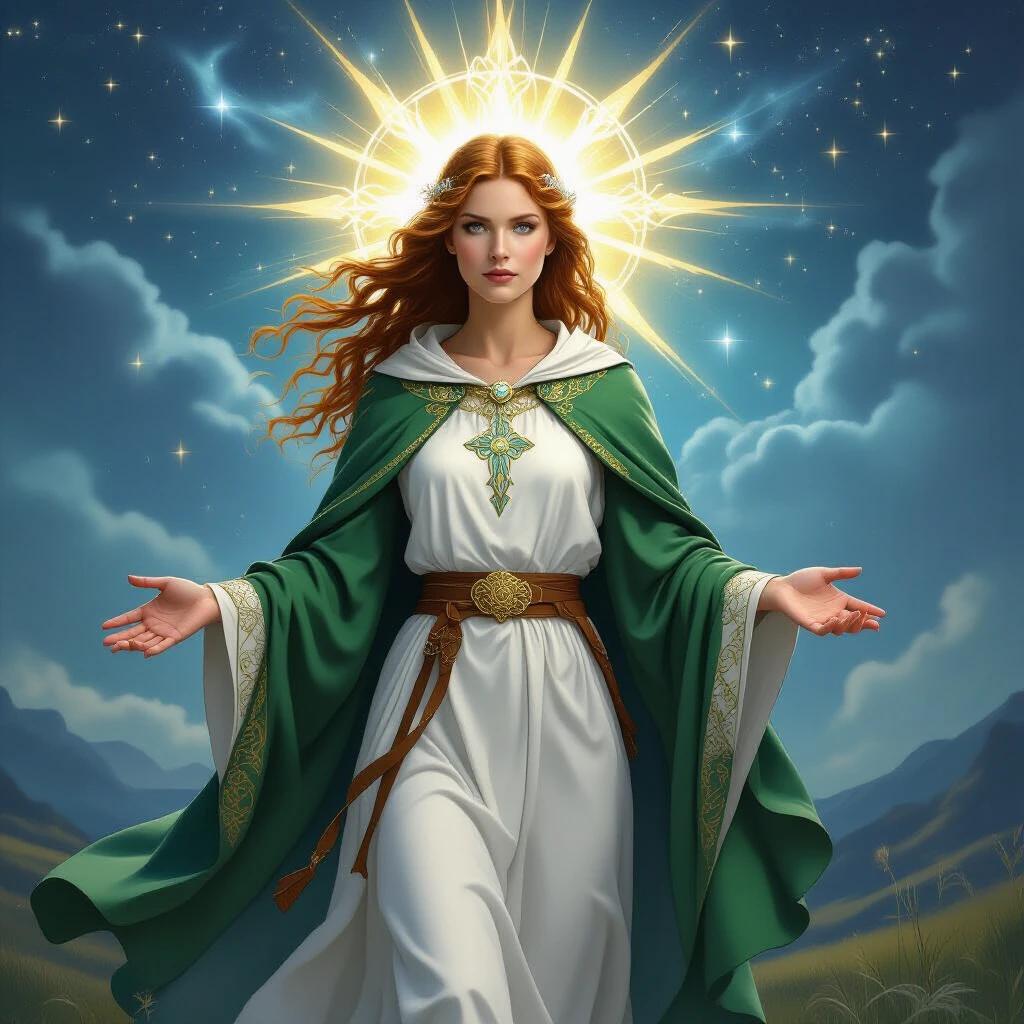 A contemporary Celtic Saint Brigid embodies celestial power. She stands with arms open wide in a natural setting. Her attire blends traditional and modern elements. A halo of light surrounds her head. The landscape includes mountains and clouds in the background.