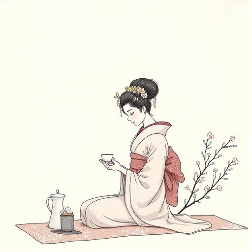 A young woman in traditional Japanese attire is seated in seiza position. She is performing a tea ceremony or serving tea. A floral patterned kimono complements her look. Her hair is styled elaborately with kanzashi. She holds a tea cup and looks down gently. A teapot, another cup, and a small box are in front of her. A cherry blossom branch is behind her. The illustration is fine and delicate, reflecting classic Japanese or manga style.