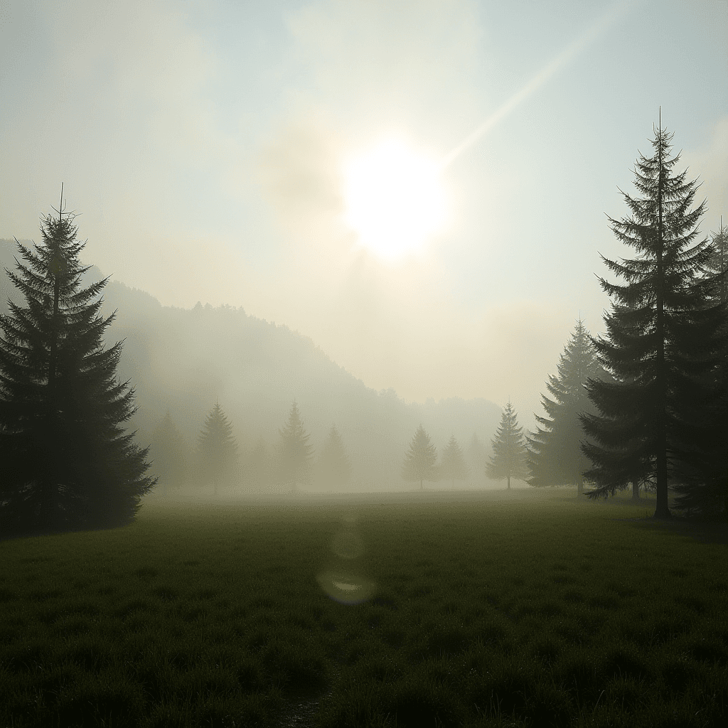 A serene landscape featuring a misty field of lush green grass, dotted with towering evergreen trees, and bathed in soft sunlight from a partially veiled sun.