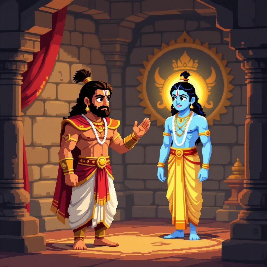 Cinematic 3D pixel art scene in royal chamber. Karna stands with Anga warrior armor looking conflicted. His eyes show sadness and determination while declining Krishna's offer. Krishna radiates calm compassion. Background features stone walls with royal drapes and Anga emblem. The scene captures emotional strength and loyalty. The artistic style is detailed 3D pixel art with dramatic shadows.