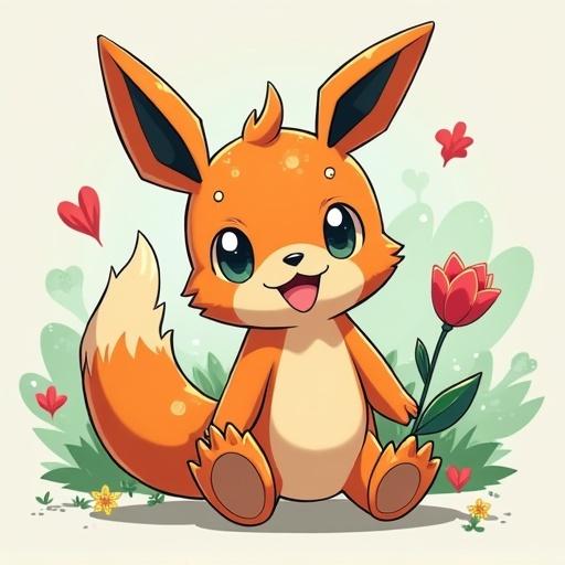 Cute cartoon fox character sitting on flower background. Character has orange fur and big bright eyes. Fox holds a flower in its paw. Soft colors and cheerful vibes are present. Character designed in a playful and friendly style.
