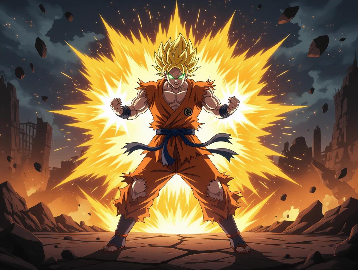 Powerful anime warrior with golden hair and glowing green eyes charging energy blast. Ripped orange gi fluttering in the wind. Golden aura with energy particles. Dark apocalyptic background with debris and cracked ground. Low angle perspective with epic tension.