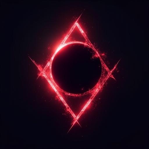 Image entails a jagged and asymmetrical diamond shape resembling a shattered night sky. A stylized eclipse is integrated into the design with a hidden letter N formed by negative space. Color scheme is obsidian black with neon crimson elements and a gradient glow effect transitioning from deep purple to red. Typeface appears as ultra-thin with a razor-sharp sans-serif style.