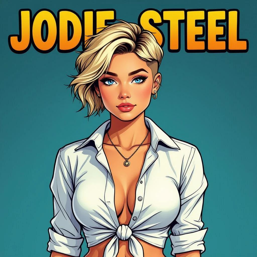 Art style is comic with bright colors. Jodie Steel is confidently posed. She has tousled blonde hair with a punk haircut. She wears a knotted white shirt. Jodie is in ripped denim shorts. Black motorcycle boots are on her feet. She sits on a dirt bike. One hand is behind her back. The other hand is in her hair. Her gaze looks into the distance.