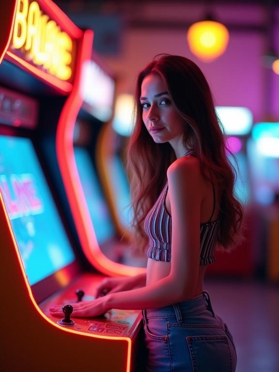Young woman with long hair plays retro arcade game. Neon lights illuminate colorful arcade. She wears crop top and denim shorts. Bright vibrant setting evokes nostalgia.