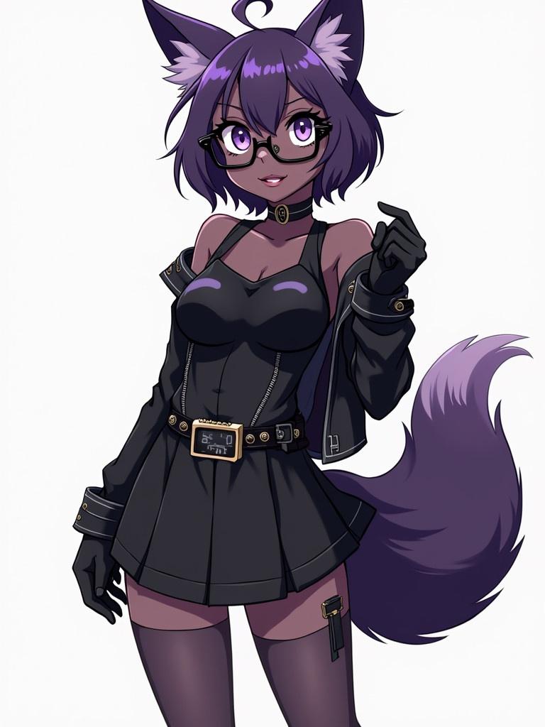 Anime-style anthropomorphic black fox character has purple fur. Dressed in short black punk rock dress. Wears glasses. Long purple tail and confident pose. Character design is modern and trendy.