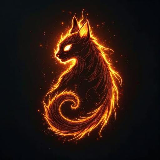 A sacred emblem representing a flame cat entity. Fine line art glows with ember orange and gold. Emblem centered on a charcoal backdrop. Swirling tail and feline eyes form fire sigil. Minimalist fantasy logo with tribal elegance. Square format emphasizes clean lines and luminous detail.